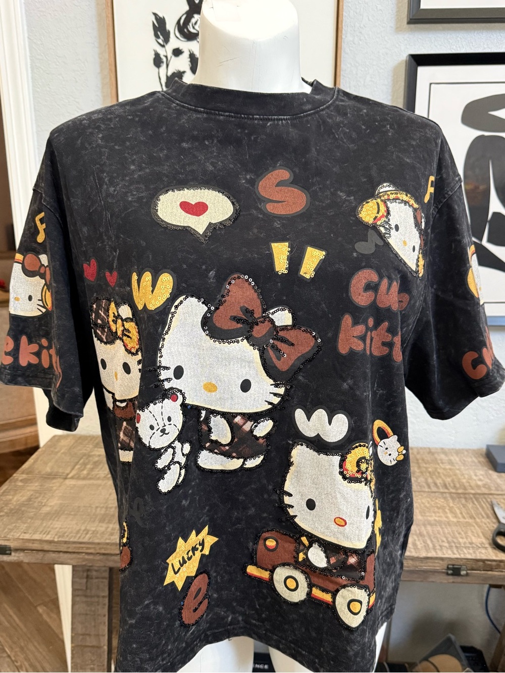 Hello Kitty Black Acid Washed Graphic Tee with Brown & Yellow Accents